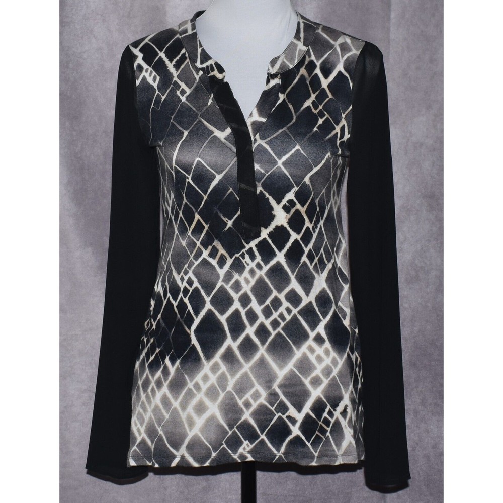 Simply Vera Wang Sheer Long Sleeve Split Neck Black Geometric  Blouse Top Size S